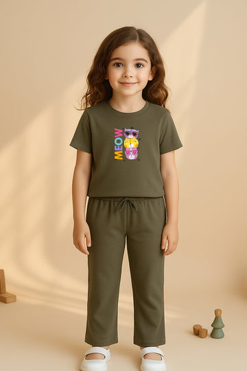 Olive Green Meow Cat Tracksuit for Girls