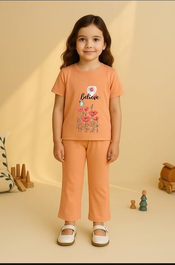 Peach Flower Bellbottom Tracksuit For Girls