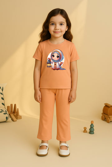 Peach Nikab girl Bellbottom Trouzer Set For Girls