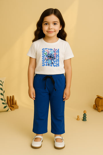 White Blue Stich Bellbottom Trouzer Set