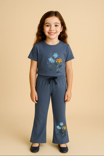 Grey color flower Bellbottom Trouzer set