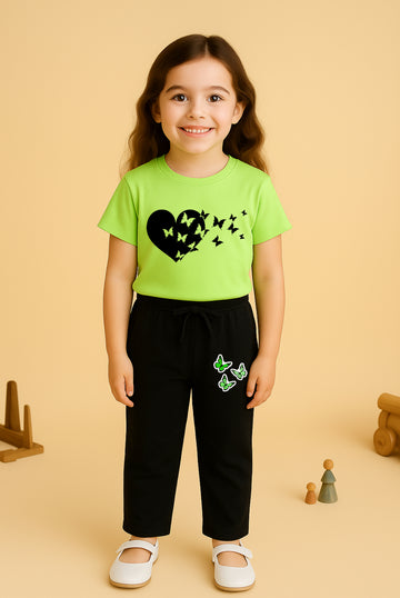 Ligh green curved tshirt heart Black Trouzer set