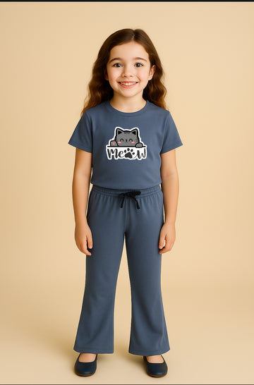 Meow Grey BellBottom Tracksuit For Girls