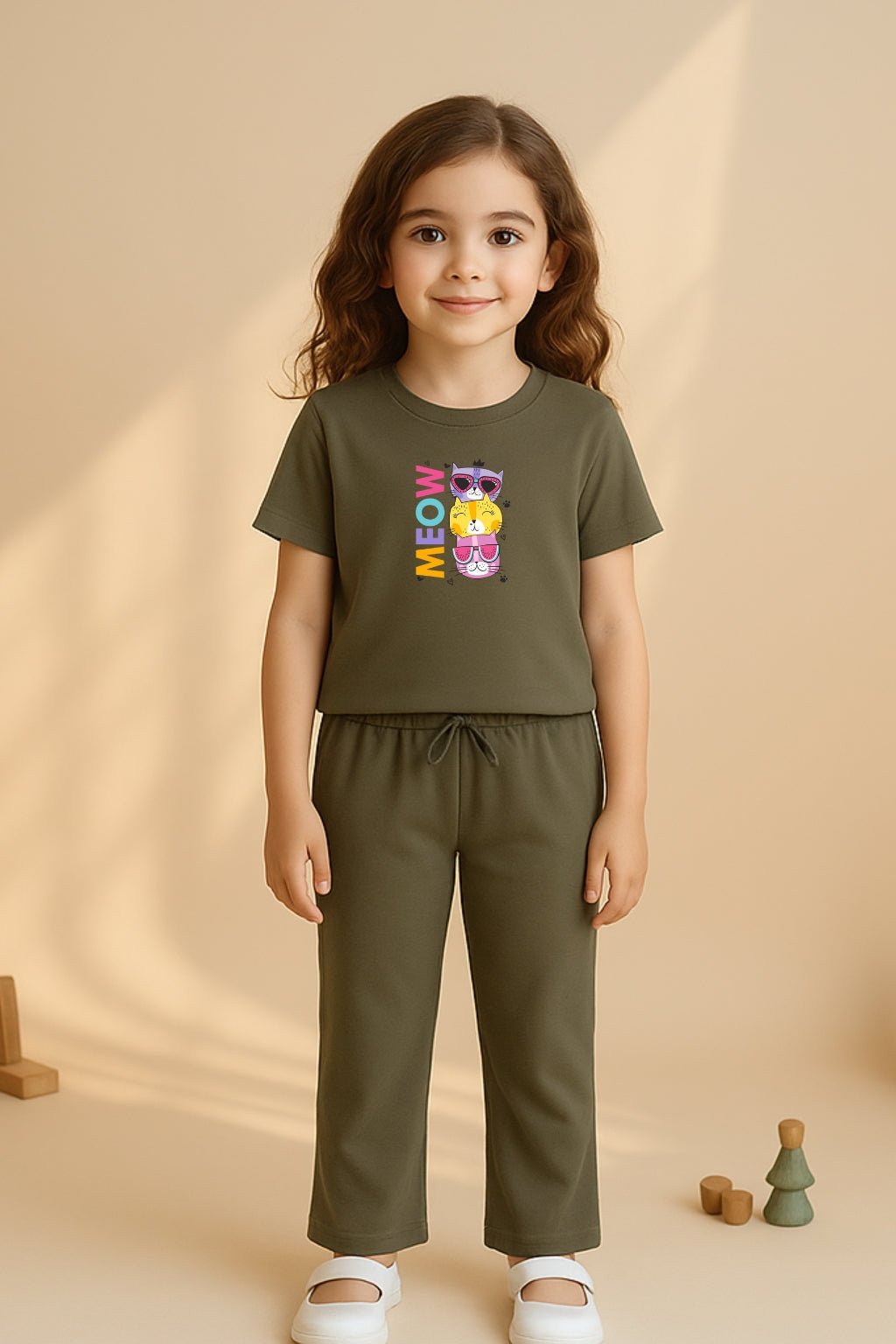 Olive Green Meow Cat Tracksuit for Girls