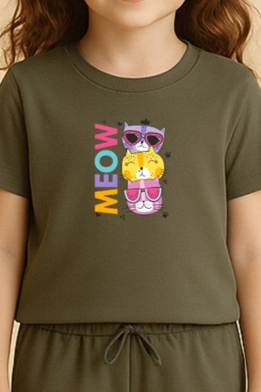 Olive Green Meow Cat Tracksuit for Girls