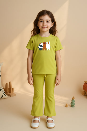 Mustard Bear Print Bellbottom Tracksuit for Girls