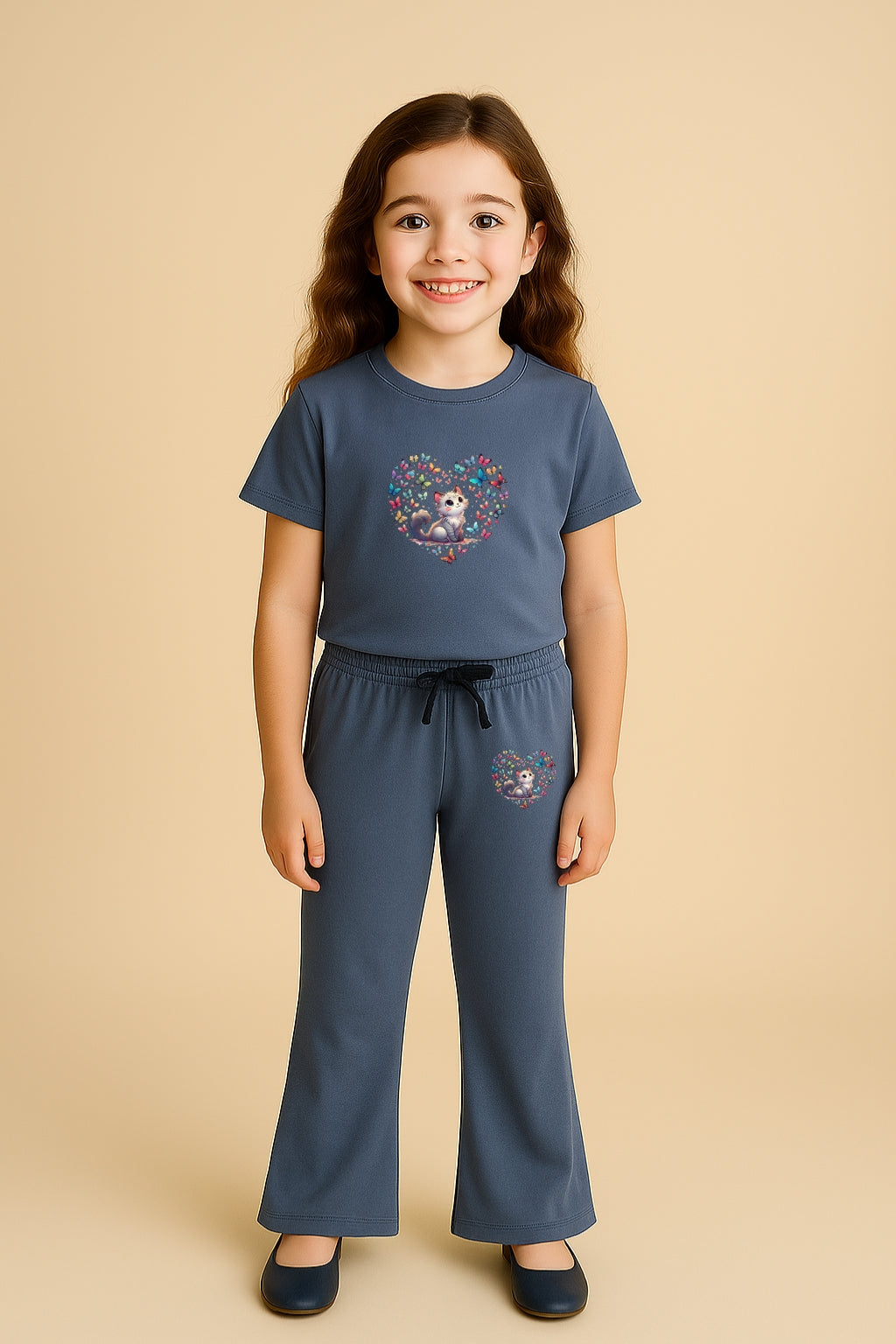 Grey Heart Cat Bellbottom Trouzer Set