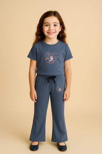 Grey Heart Cat Bellbottom Trouzer Set