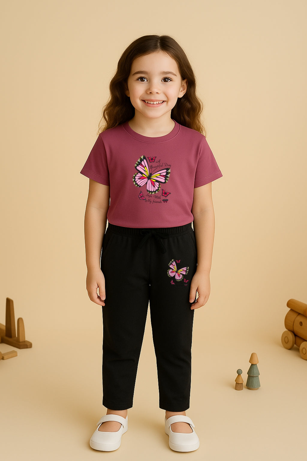 Curved tshirt  Butterfly Black Trouzer Set