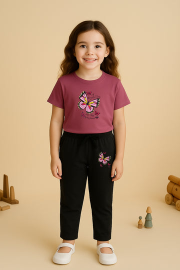 Curved tshirt  Butterfly Black Trouzer Set
