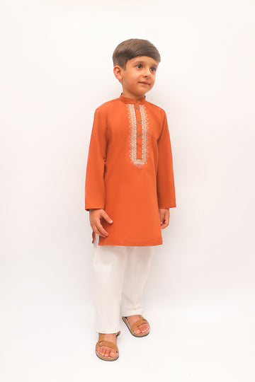 Premium Quality Khaki Embroidered Kurta Trouser For Boys