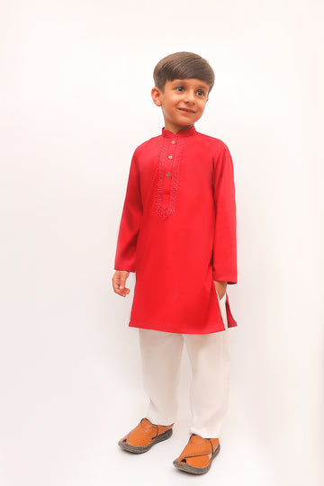 Premium Quality Burgundy Embroidered Kurta Trouser For Boys