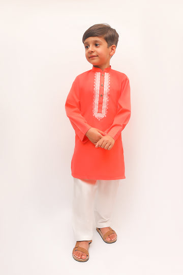 Premium Quality Peach Embroidered Kurta Trouser For Boys