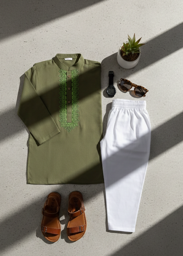Premium Quality Green Embroidered Kurta Trouser For Boys