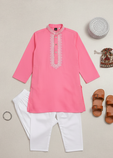 Premium Quality Pink Embroidered Kurta Trouser For Boys