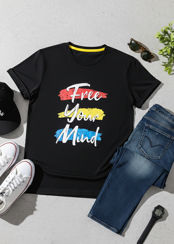 Black "Free Your Mind" Slogan T-Shirt For Boys