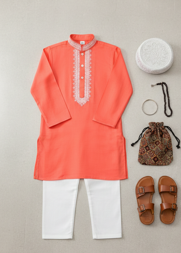 Premium Quality Peach Embroidered Kurta Trouser For Boys