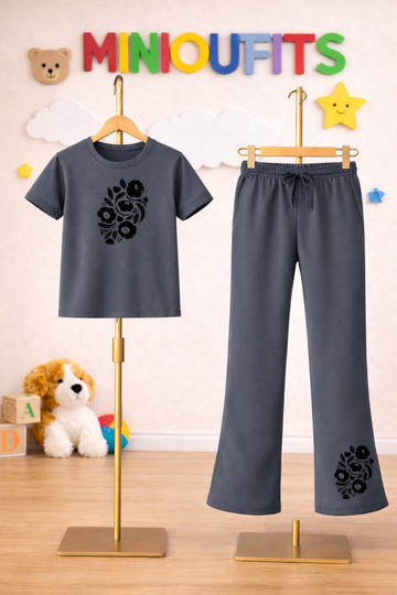 Grey black flower Bellbottom Trouzer set