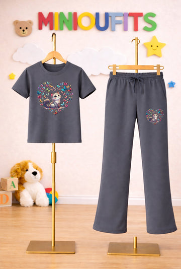 Grey Heart Cat Bellbottom Trouzer Set