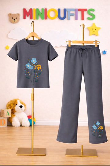 Grey color flower Bellbottom Trouzer set