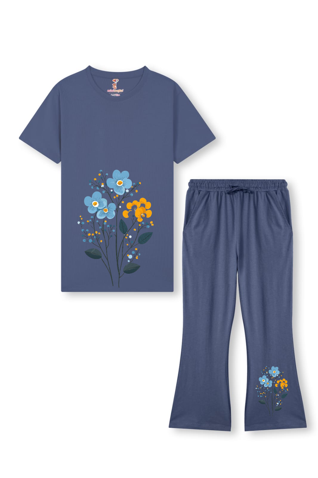 Grey color flower Bellbottom Trouzer set