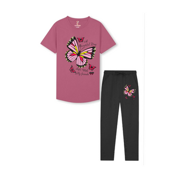 Curved tshirt  Butterfly Black Trouzer Set