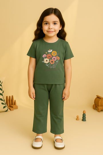 Green Flower Bellbottom Trouzer Full Set