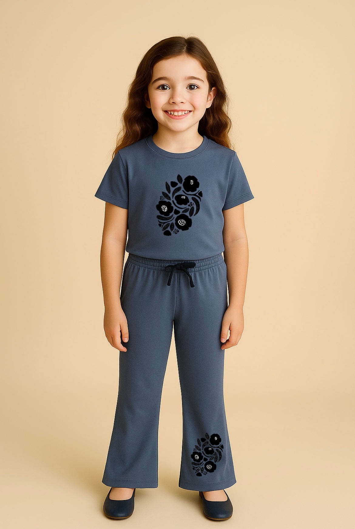 Grey black flower Bellbottom Trouzer set