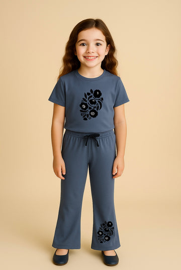 Grey black flower Bellbottom Trouzer set