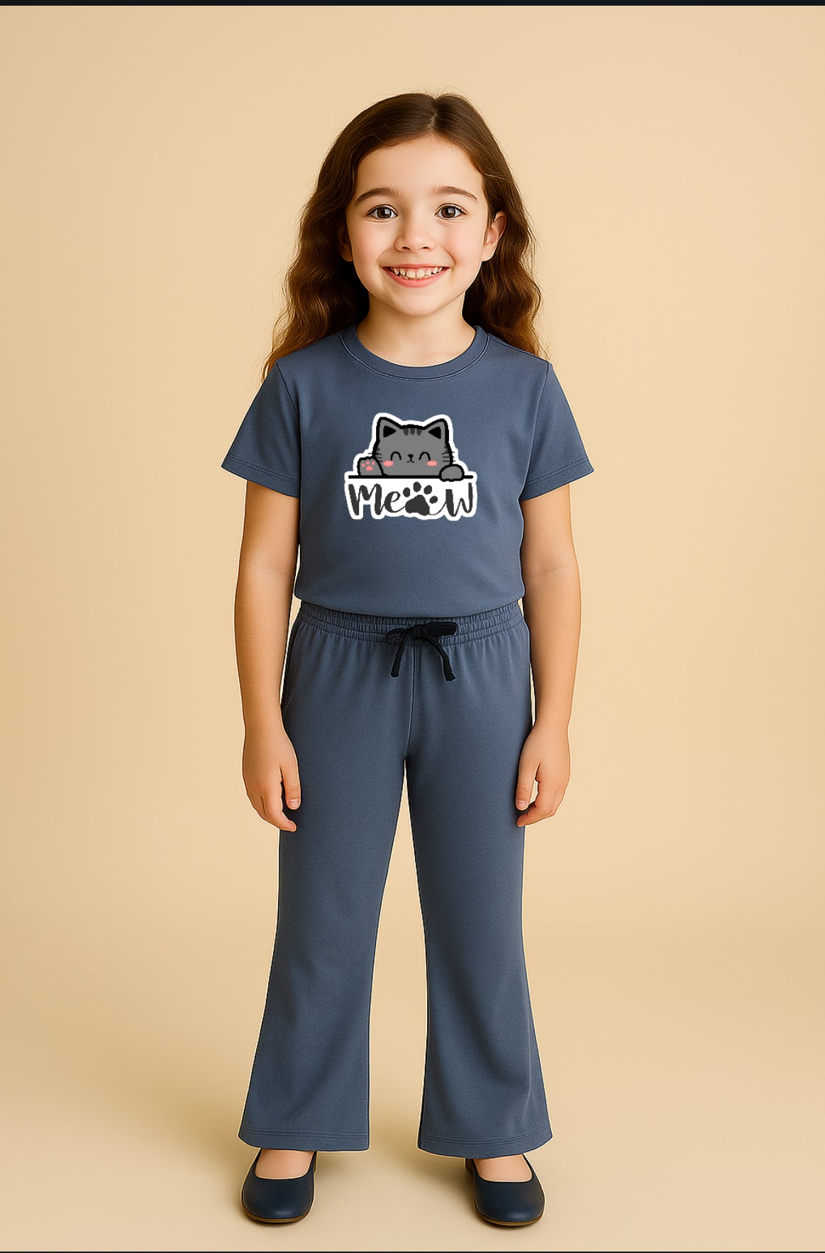 Meow Grey BellBottom Tracksuit For Girls