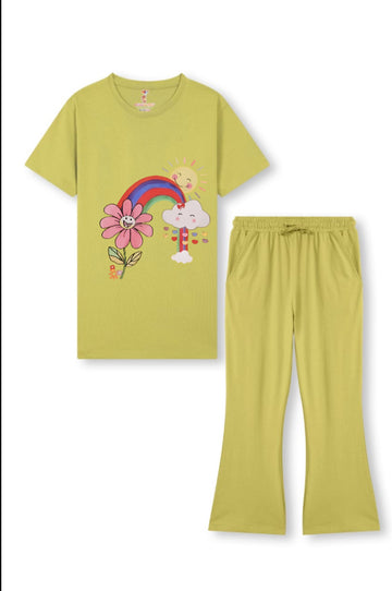 Mustard Sun Flower Bellbottom Tracksuit for Girls