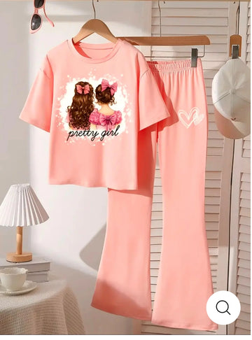 Peach Preety Girl Bellbottom Trouzer Full Set