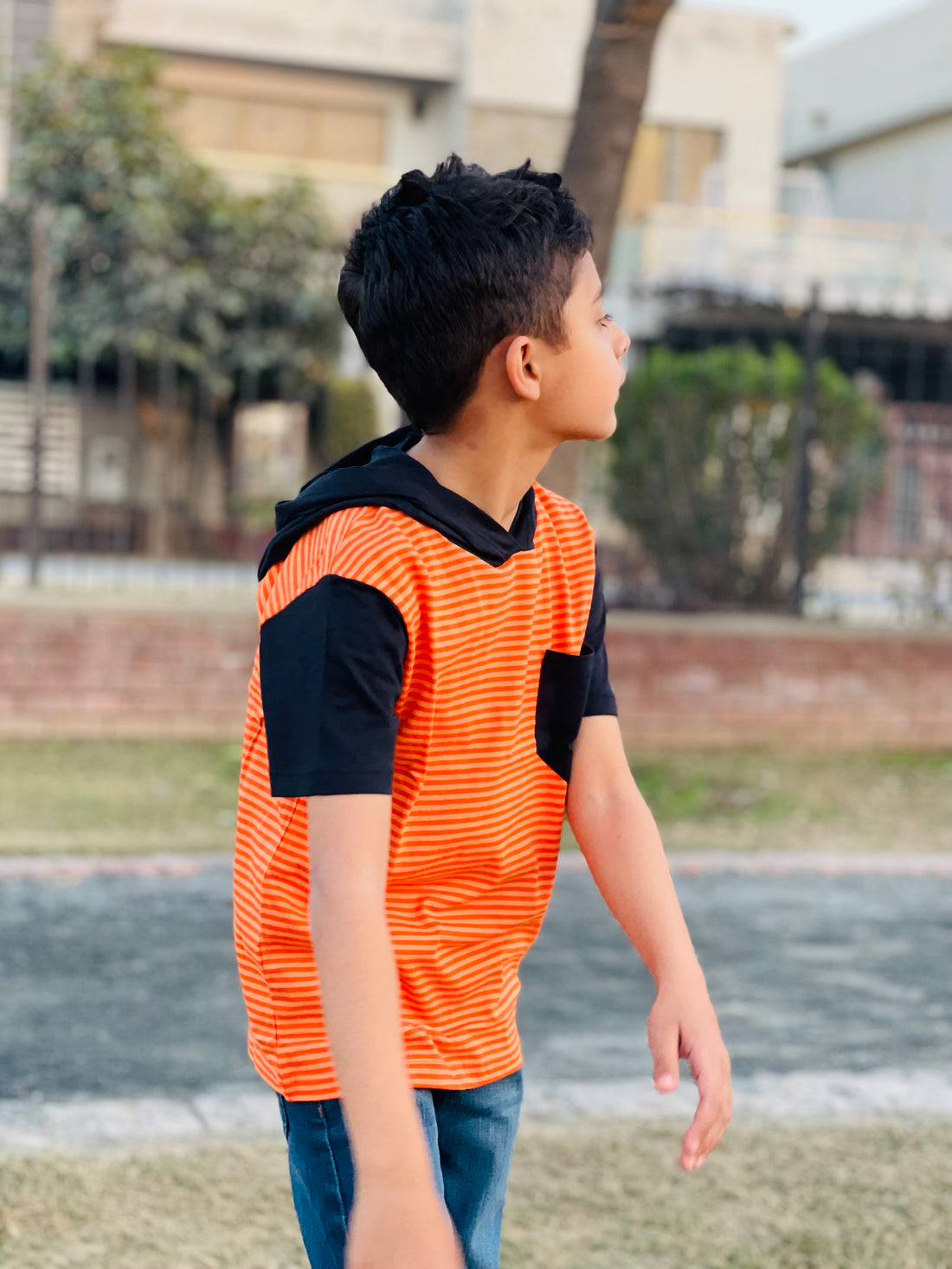 Orange Black Cap  Slogan T-Shirt For Boys