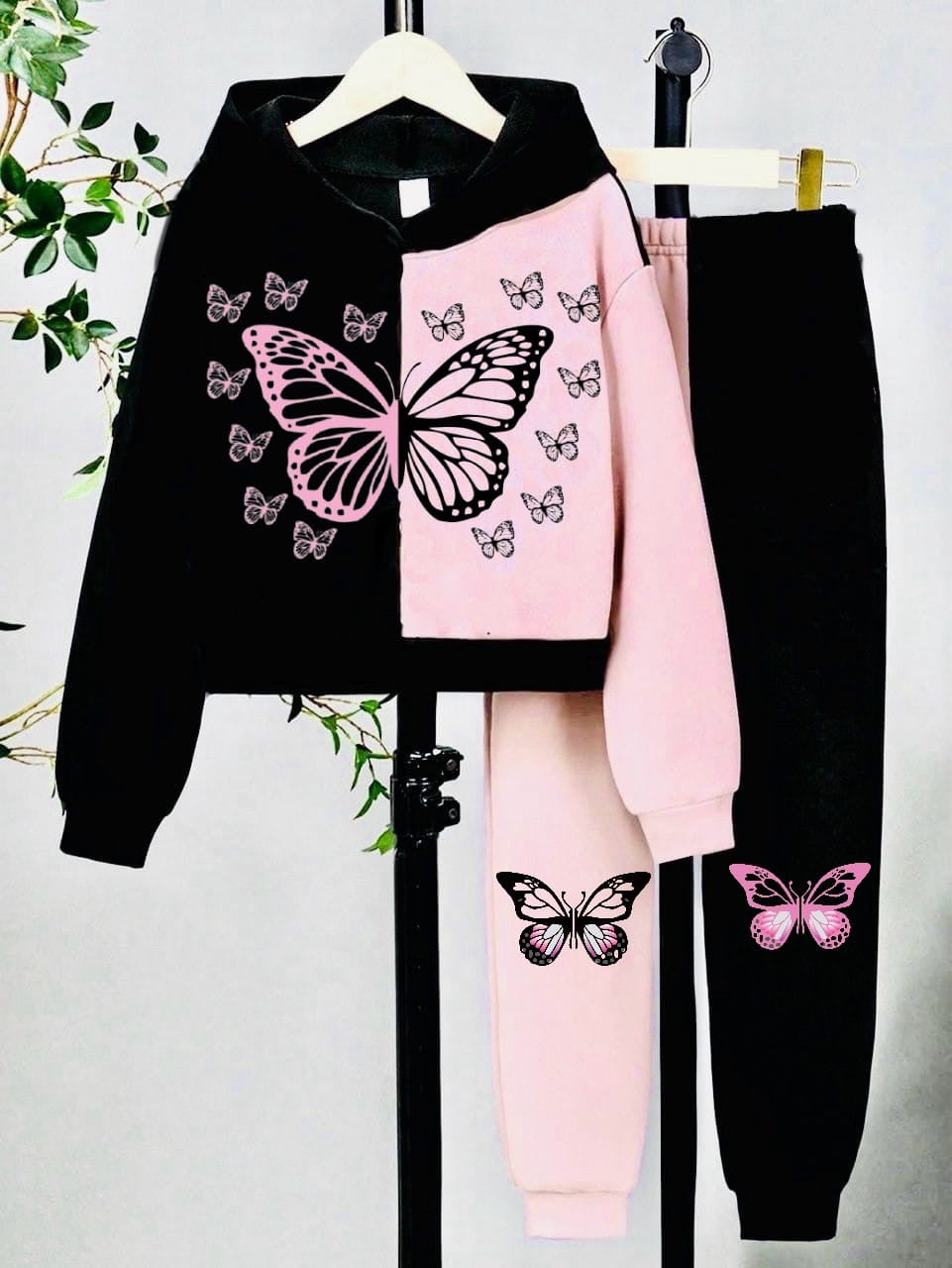 Black pink Butterfly fleece tracksuit